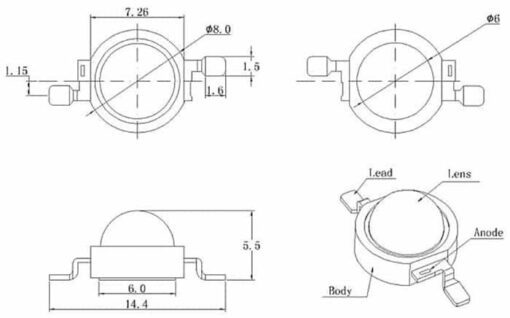 ابعاد LED 1W آفتابی