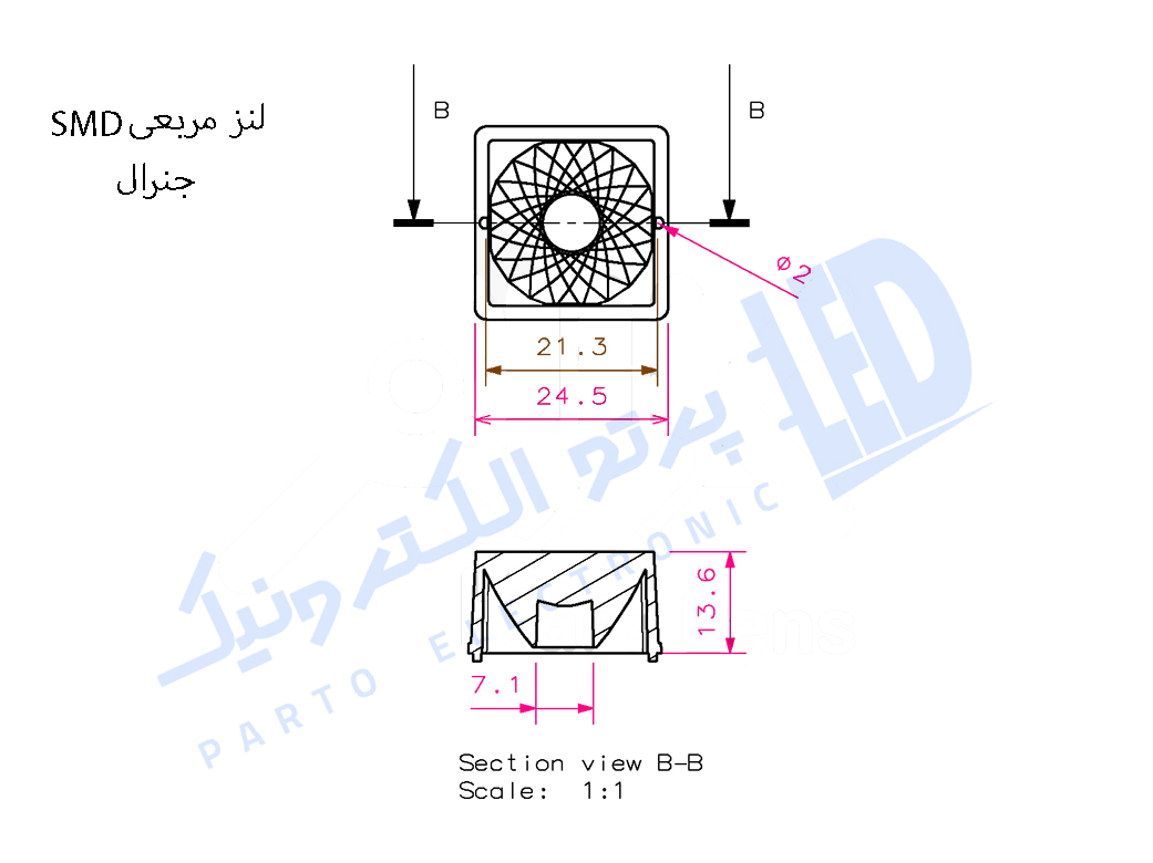 لنز 80*6 درجه مربعی پین دارSMD-24MM